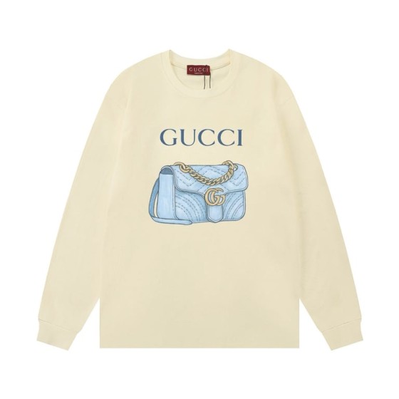 Gucci accessible luxury bag with logo lettering, long-sleeved shirt
